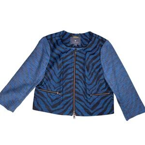 Gryphon New York Blue Zebra Jacquard Zip Front Jacket Large Animal Print Cropped